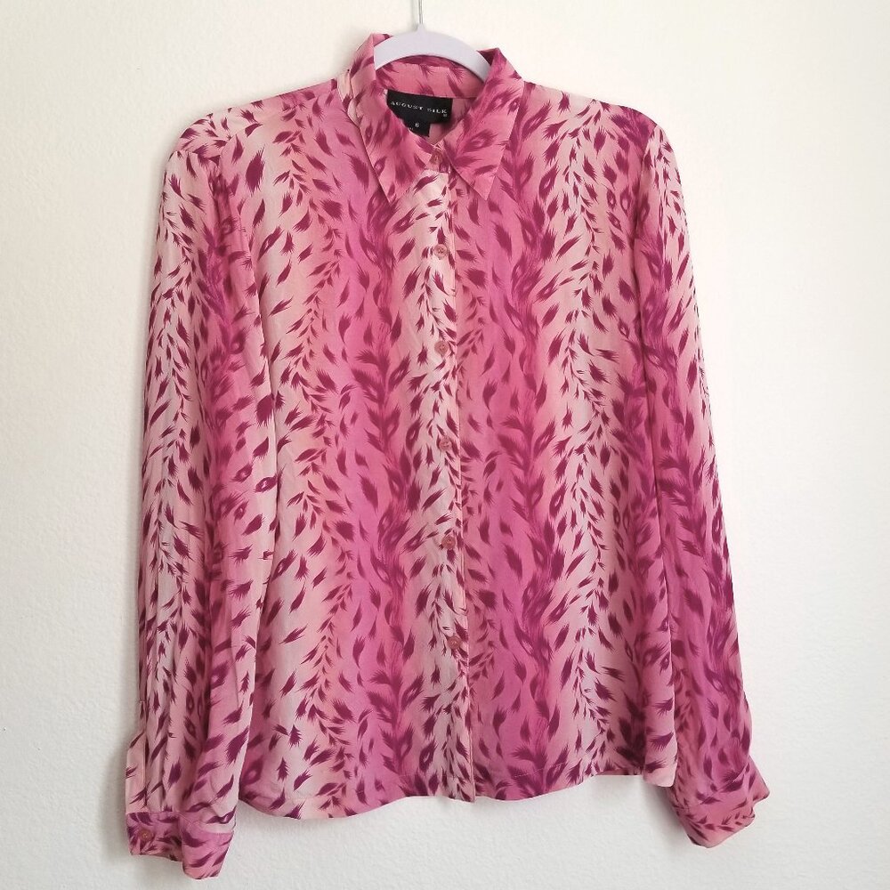 August Silk Women Blouse Size 6 Long Sleeve Magenta & Pink 100% Silk Button Up